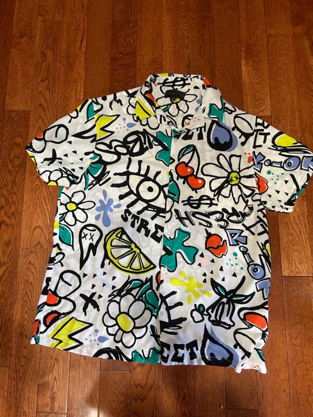 White Graphic Short-Sleeve Button-Up Shirt